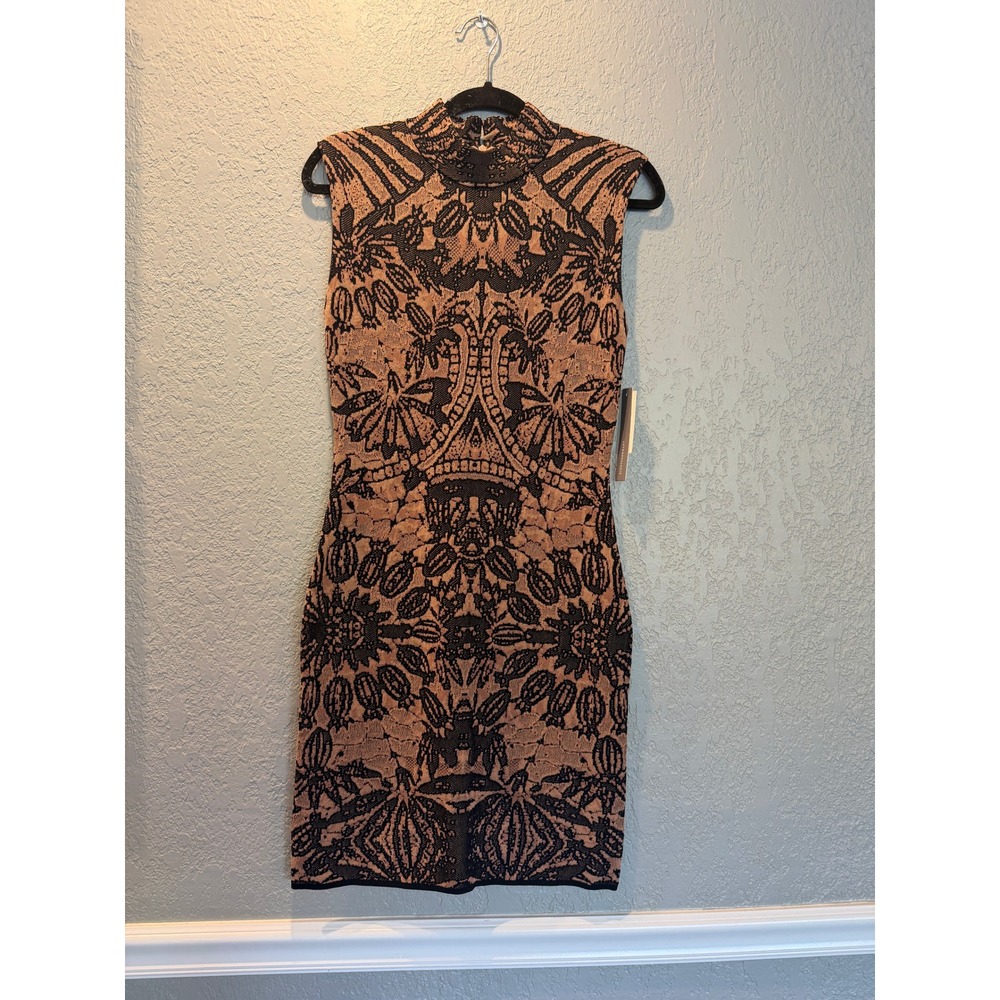 Anthropologie Bronze Black Jacquard Mock Neck Sleeveless Knit Sheath Dress M NEW